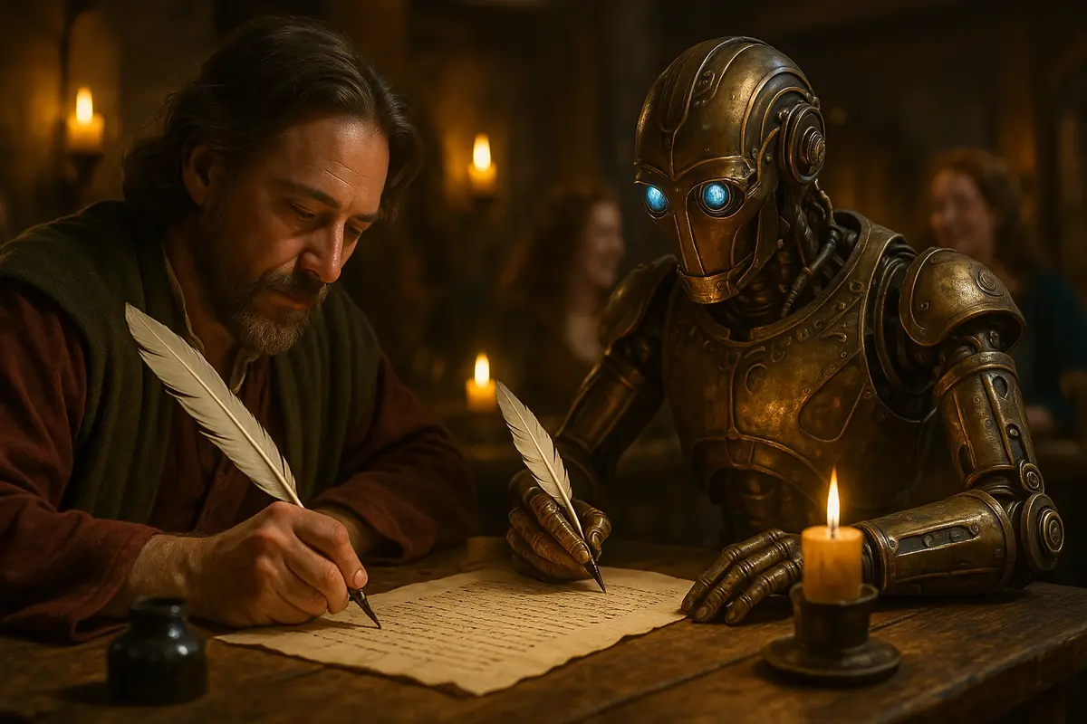 auteur et ia autour d'un parchemin une plume à la main
