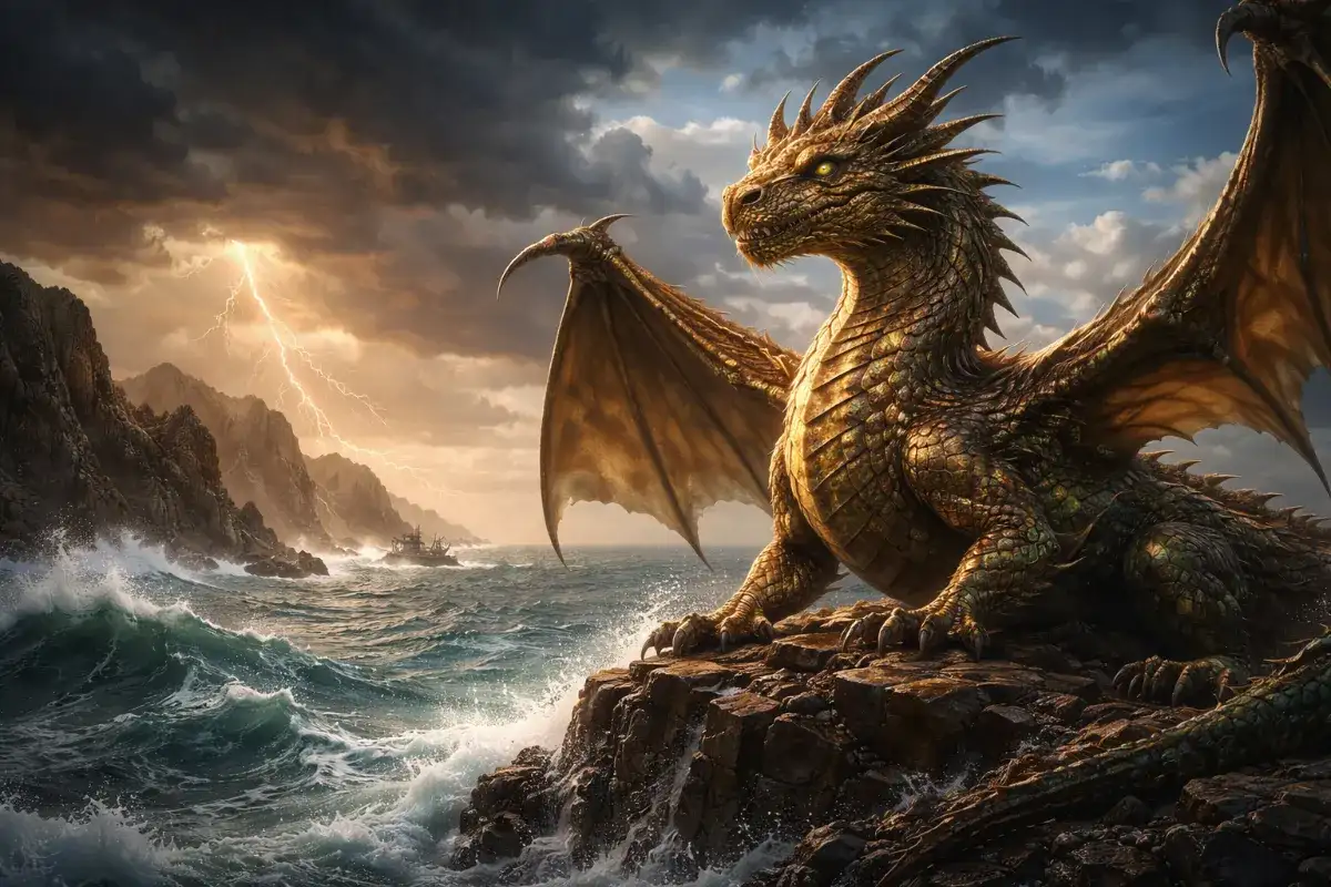 un dragon de bronze sur les bords d'une côte