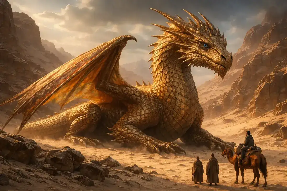 un dragon de laiton dans le désert devant des humains