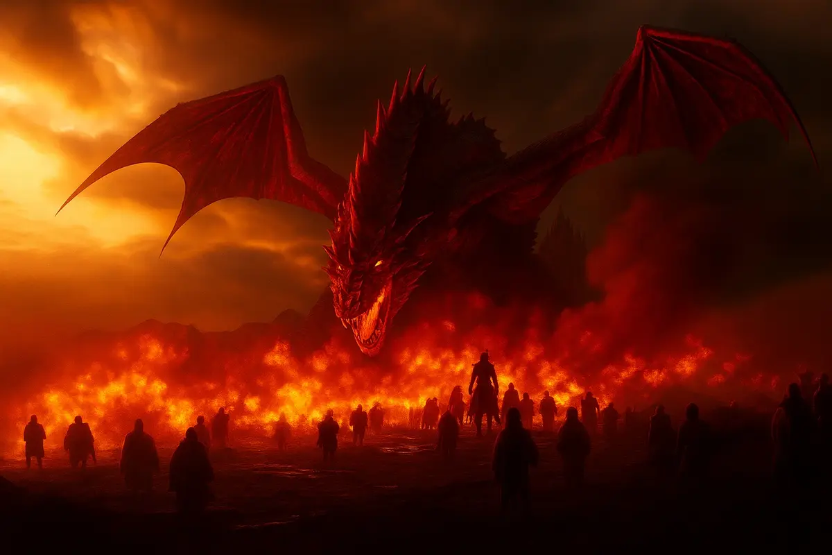 dragon rouge devant une armée et un mur de flammes