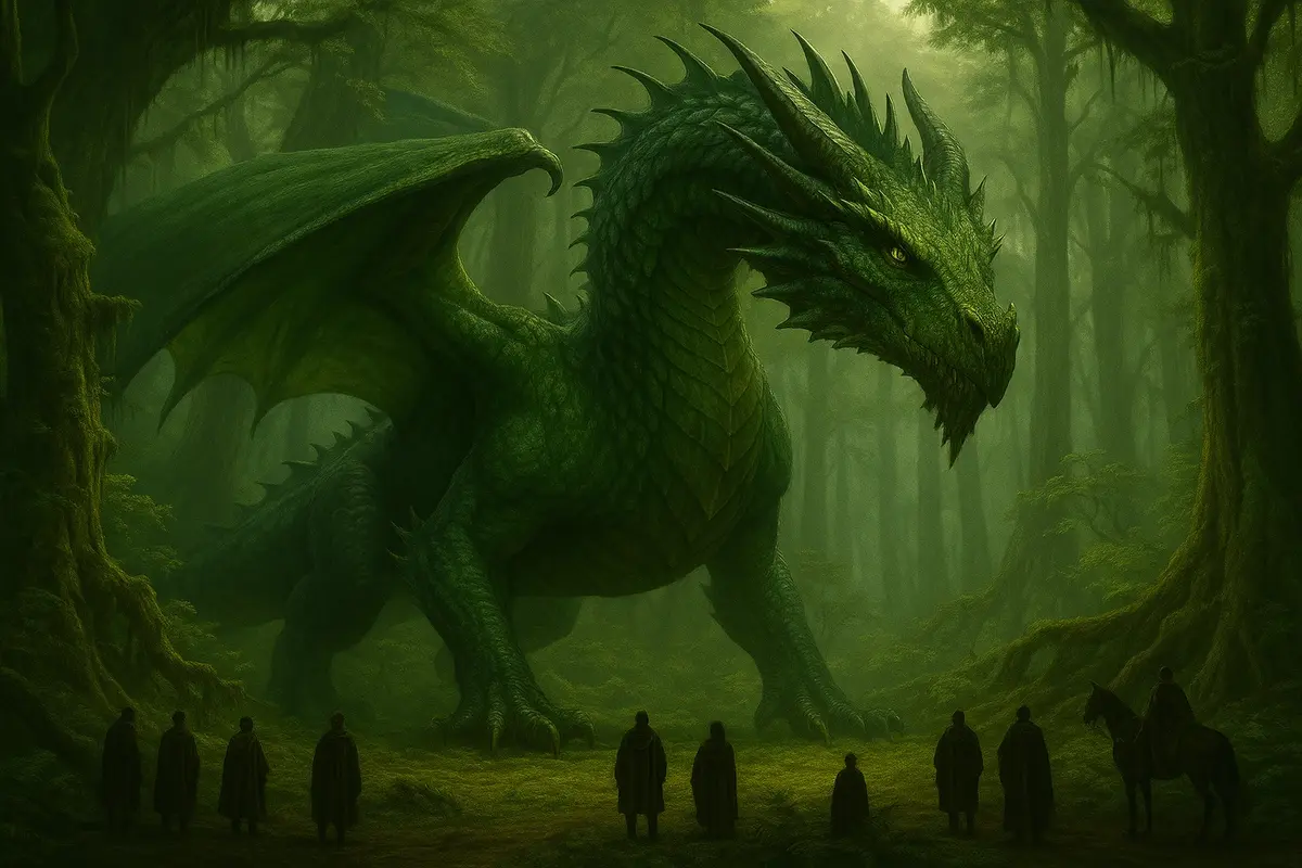 un dragon vert au cœur d'une forêt